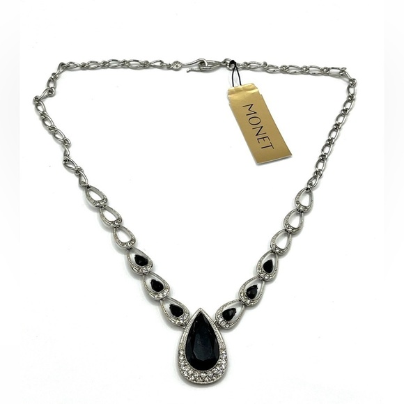 MONET  90’s Silver Tone Black and Crystal Teardrop Pendant Necklace - Picture 4 of 9